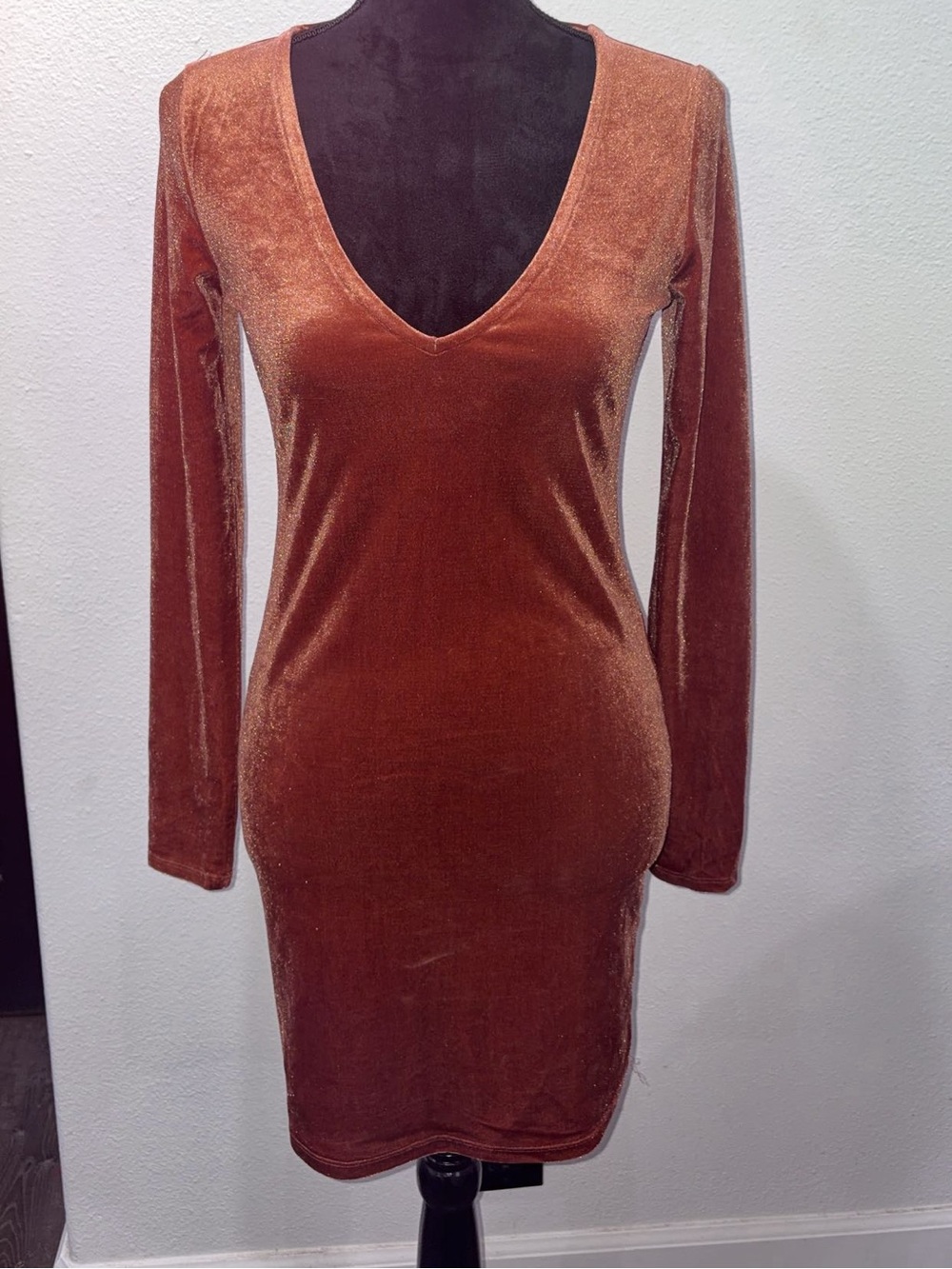 Forever 21 Rust Velvet Long-Sleeve V-Neck Dress